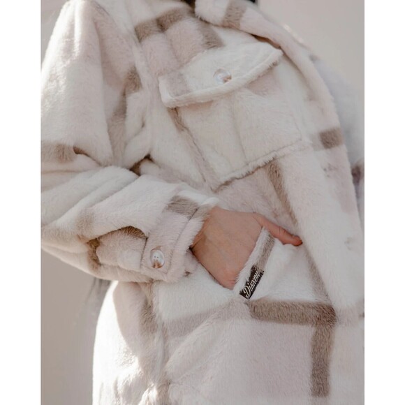 DIXXON Flannel Womens Dusty Rose Cream Brown Pink Long Sherpa Fleece Shacket - Picture 3 of 6